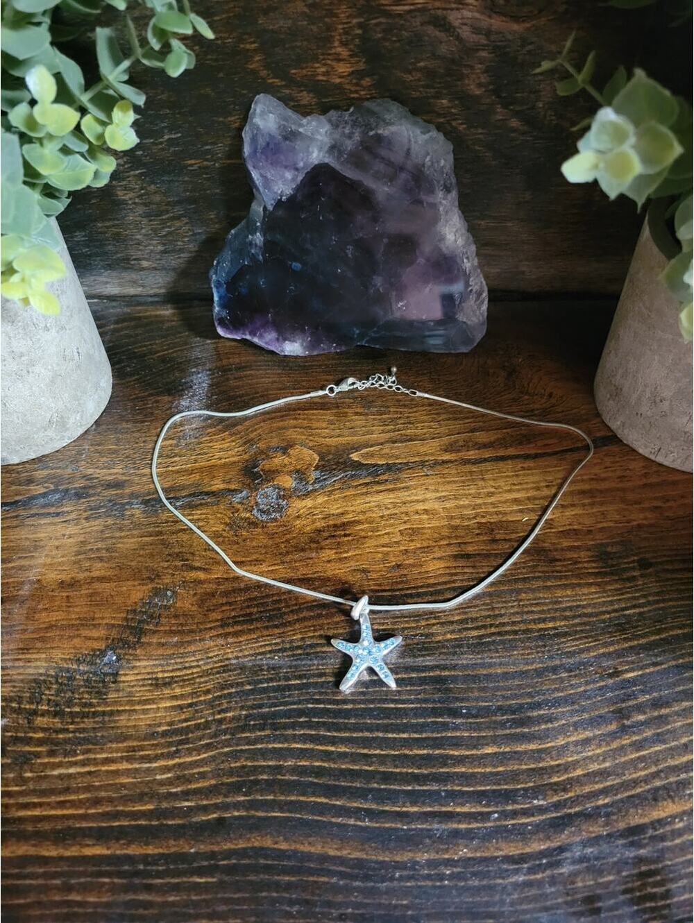 Y2K Nautical Blue Crystal Starfish Pendant And  16" Choker Chain  Beach Babe
